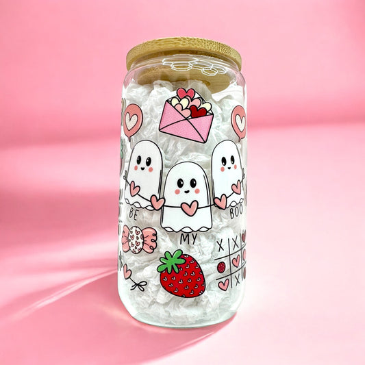Be My Boo 👻❤️ Valentine’s Day Glass Cup – 16oz with Bamboo Lid & Straw