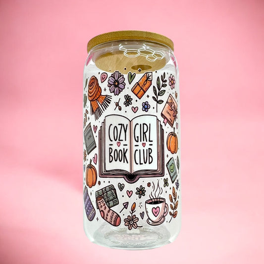 Cozy Book Girl Club 16oz Glass Cup 📚☕🧣✨