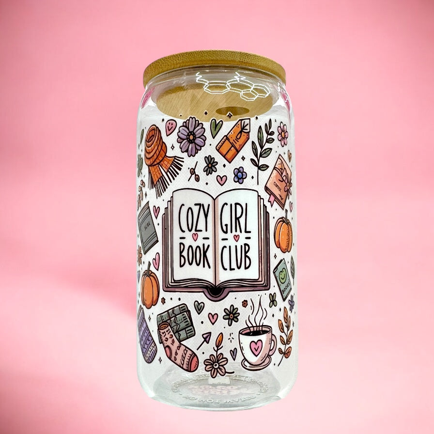 Cozy Book Girl Club 16oz Glass Cup 📚☕🧣✨