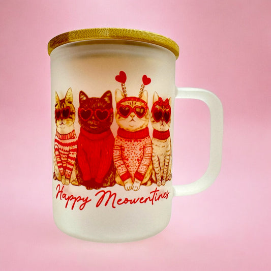 🐾 “Happy Meowentines” 16oz Frosted Glass Mug 🐱💖 with Bamboo Lid & Metal Straw