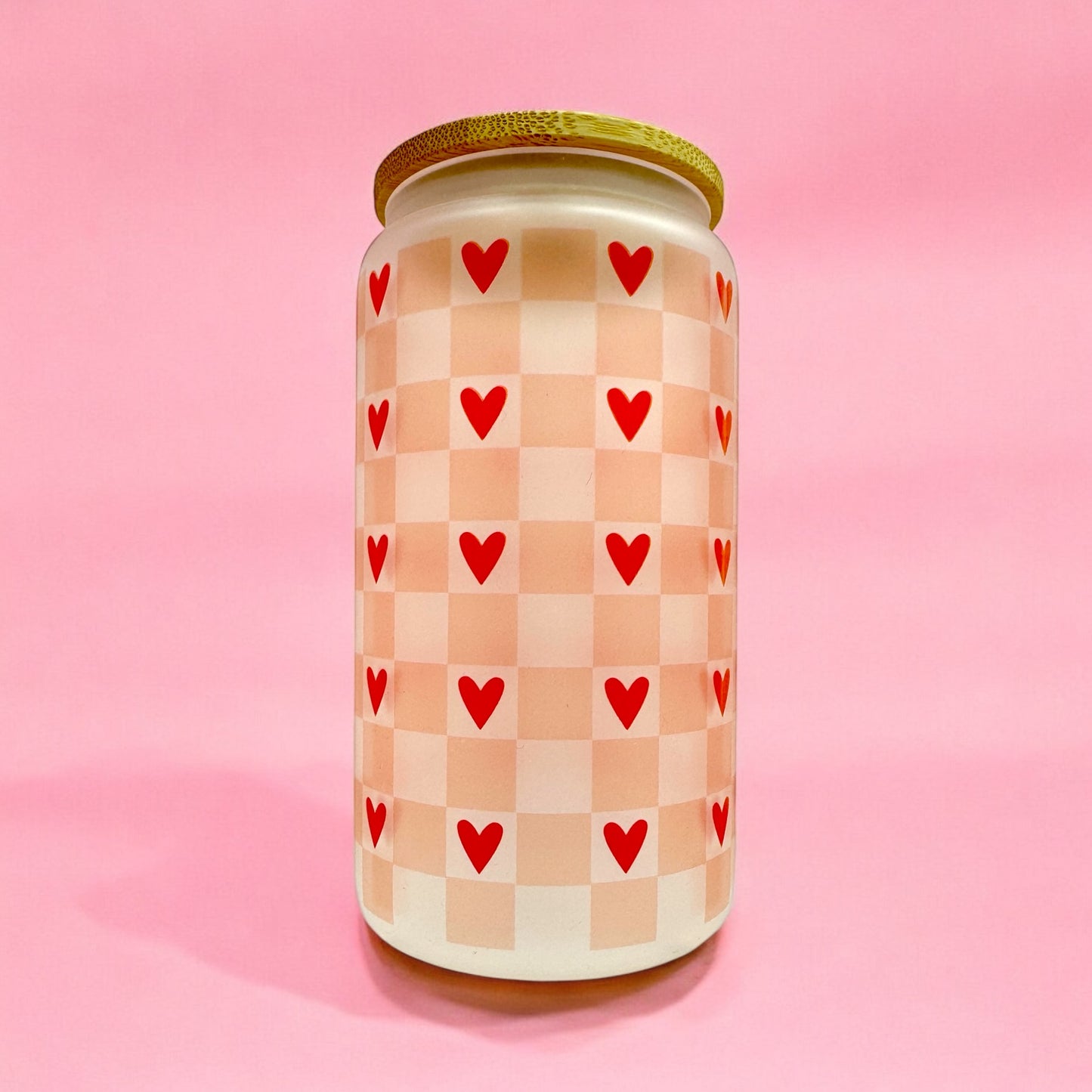 💘 Valentine Gingham Glass Cup – 16oz Frosted Glass with Bamboo Lid & Straw 💘