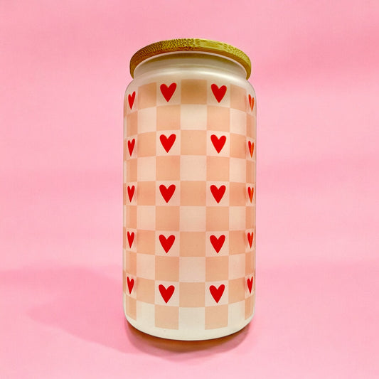 💘 Valentine Gingham Glass Cup – 16oz Frosted Glass with Bamboo Lid & Straw 💘