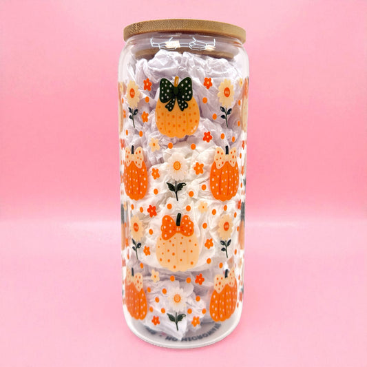🎃✨ Pumpkin Bow Glass Cup – 20oz
