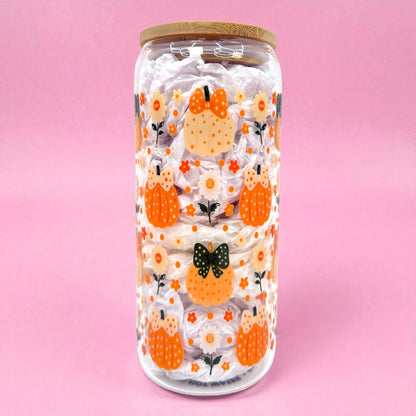 🎃✨ Pumpkin Bow Glass Cup – 20oz