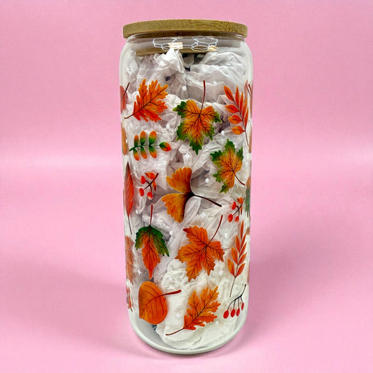 🍁 Autumn Leaves Glass Cup – 20oz
