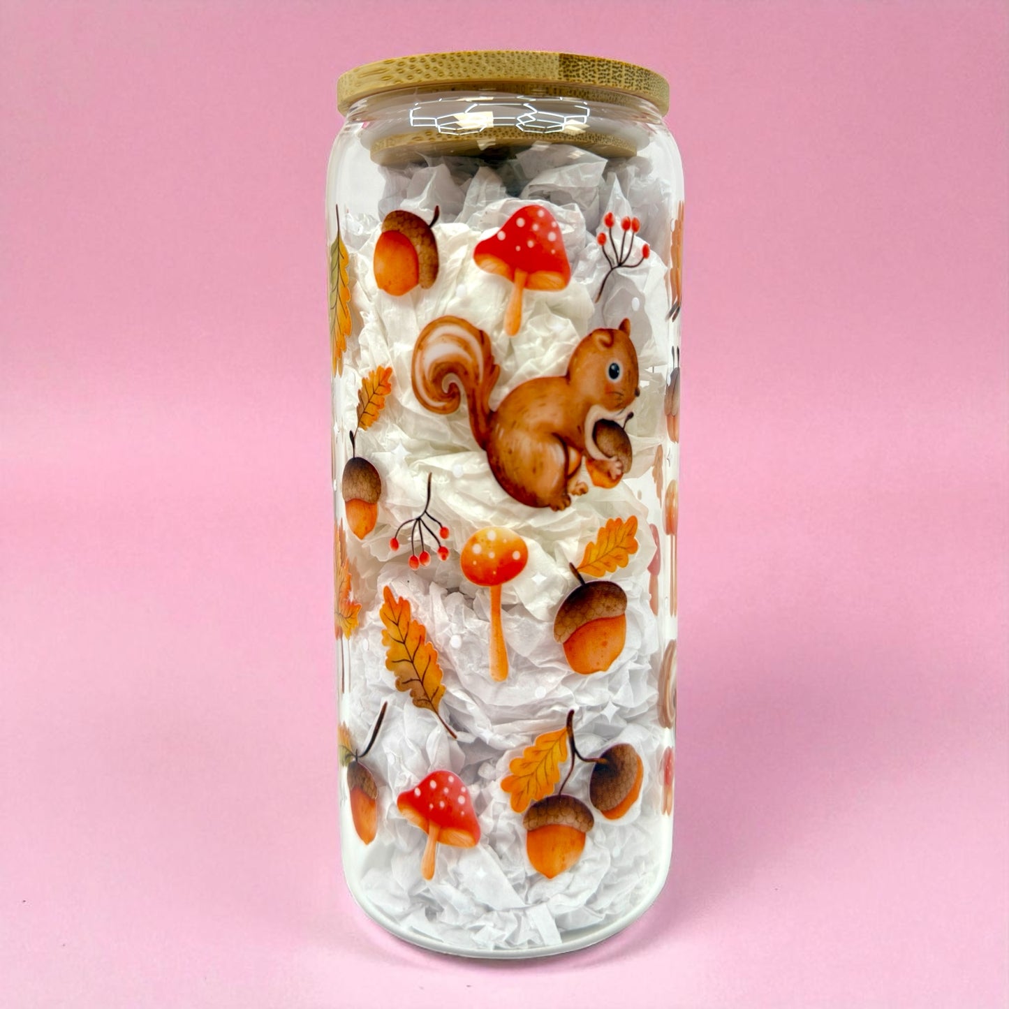 🐿️🍂 Squirrel & Acorns Glass Cup – 20oz