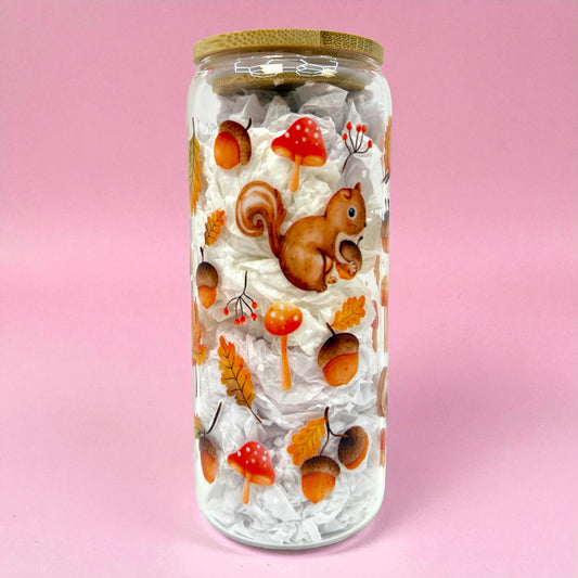 🐿️🍂 Squirrel & Acorns Glass Cup – 20oz