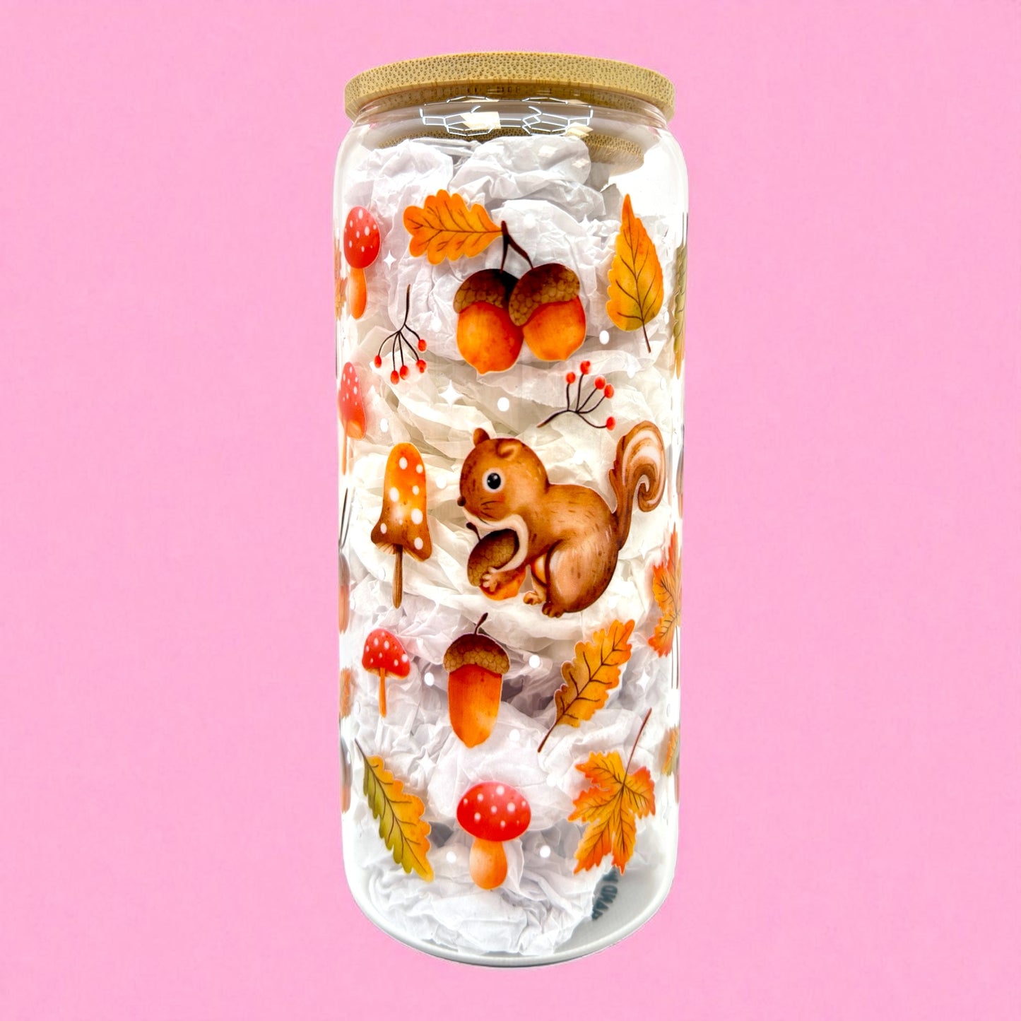 🐿️🍂 Squirrel & Acorns Glass Cup – 20oz