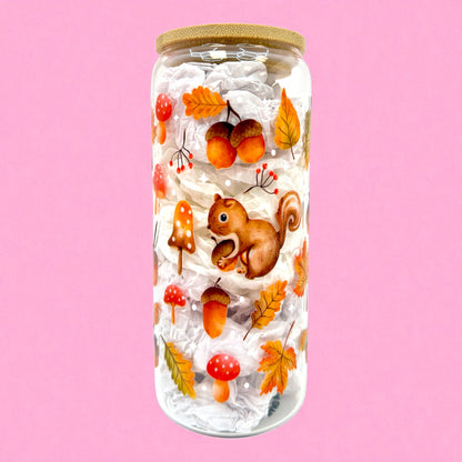 🐿️🍂 Squirrel & Acorns Glass Cup – 20oz
