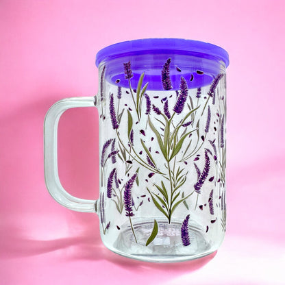 Lavender Bloom 16oz Glass Mug with Lid & Straw 🌿💜 — Double-Sided Design!