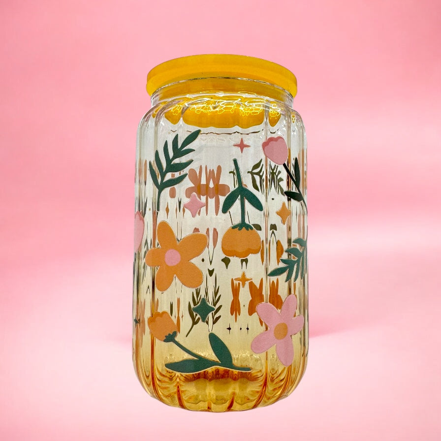 Floral Garden Glow Cup – 16oz Glass with Lid & Straw 🌼✨🌸