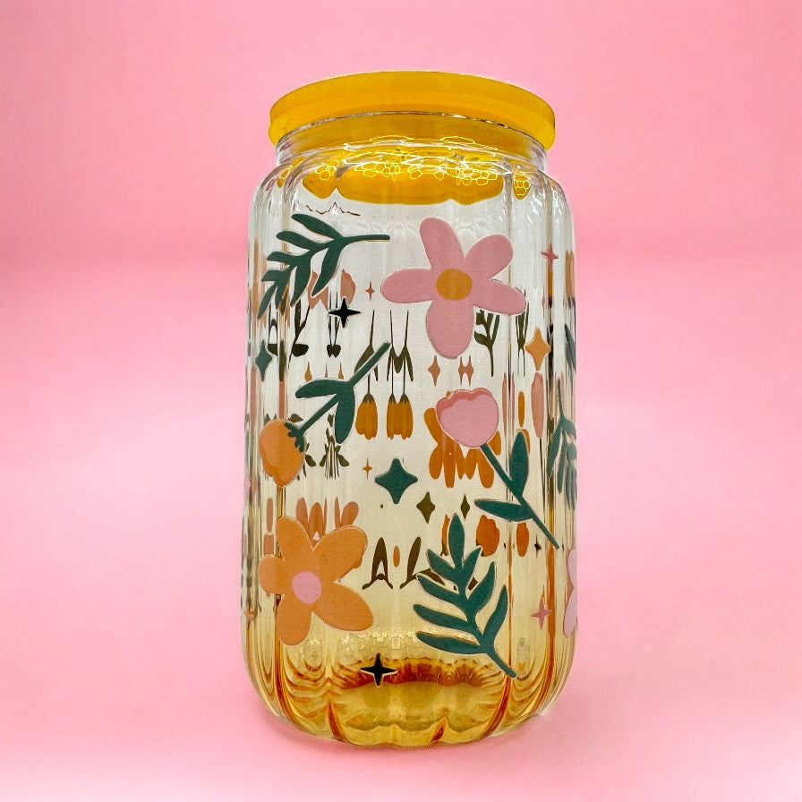 Floral Garden Glow Cup – 16oz Glass with Lid & Straw 🌼✨🌸