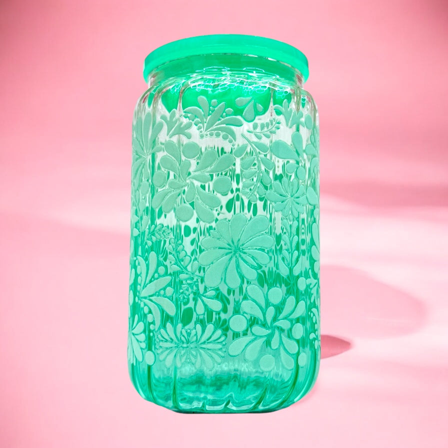 Floral Groove 16oz Glass Cup 🌿✨ | Double-Sided Sticker + Green Lid & Straw 💚🥤