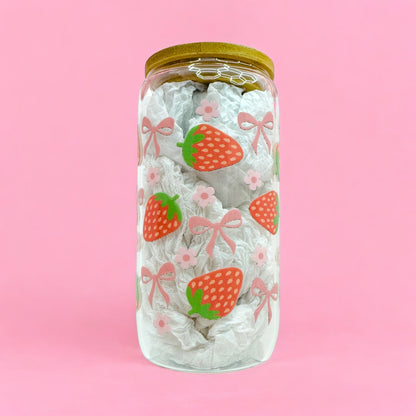 🍓 Pink Strawberry Dreams Glass Cup – 16oz 🌸✨