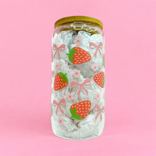 🍓 Pink Strawberry Dreams Glass Cup – 16oz 🌸✨