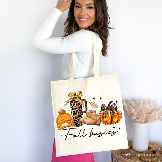 🍁🎃 Fall Basics Vibes ☕🧣
 Tote Bag 🍂✨ Eco-Friendly 100% Cotton Reusable Autumn Shopper