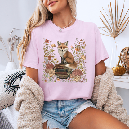 🦊📚 Floral Bookish Fox Tee🧣100% Organic cotton