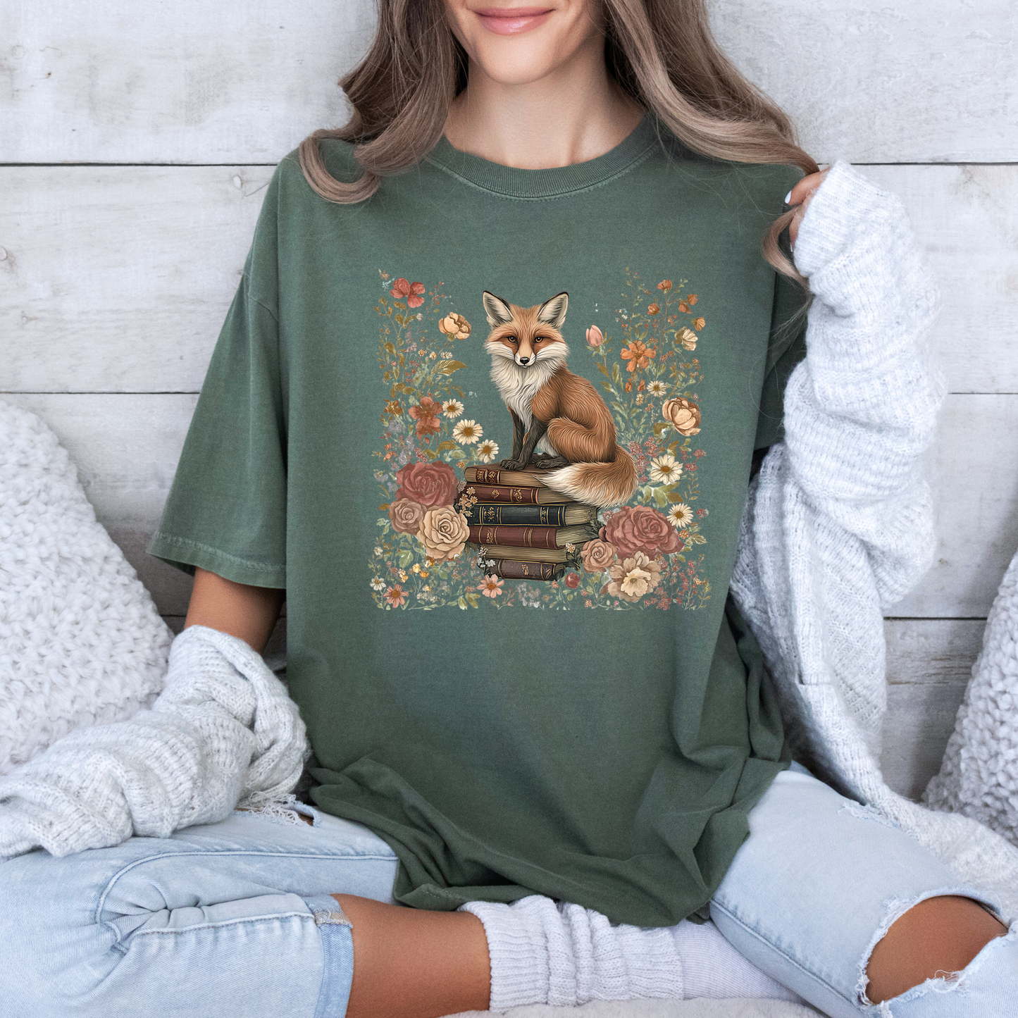 🦊📚 Floral Bookish Fox Tee🧣100% Organic cotton