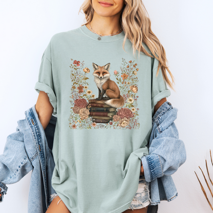 🦊📚 Floral Bookish Fox Tee🧣100% Organic cotton
