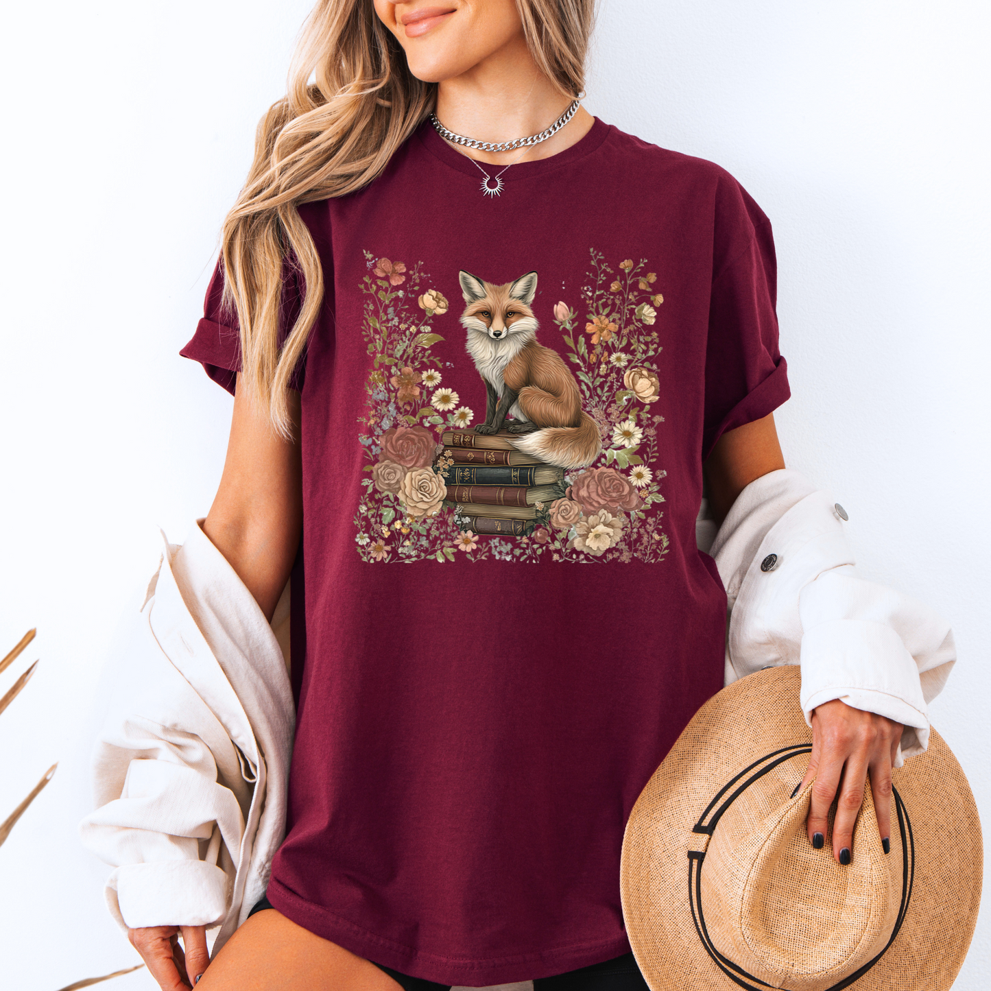 🦊📚 Floral Bookish Fox Tee🧣100% Organic cotton
