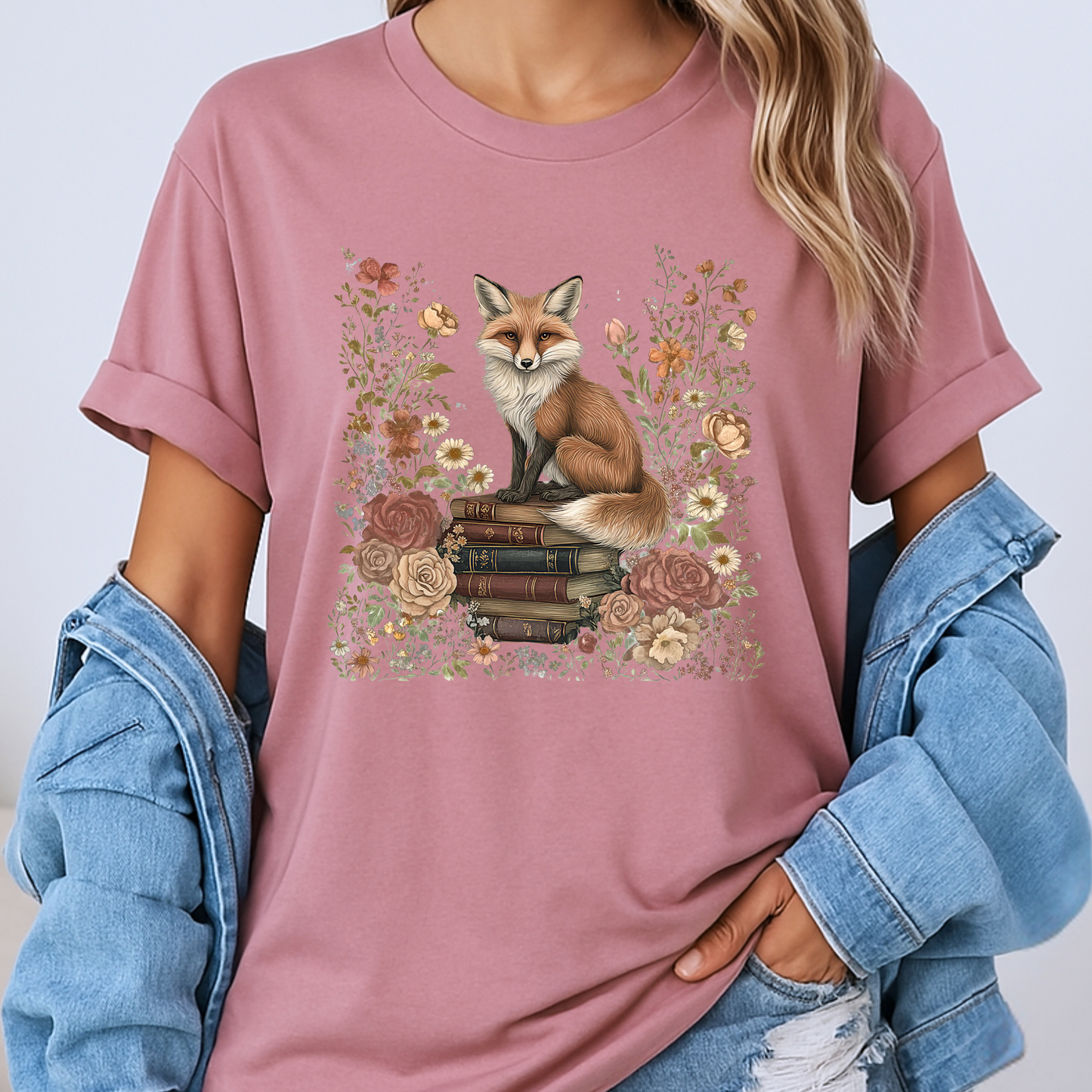 🦊📚 Floral Bookish Fox Tee🧣100% Organic cotton