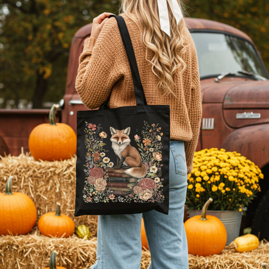 🦊🌸 Bookish Fox Tote Bag  – 100% Cotton, Eco-Friendly✨