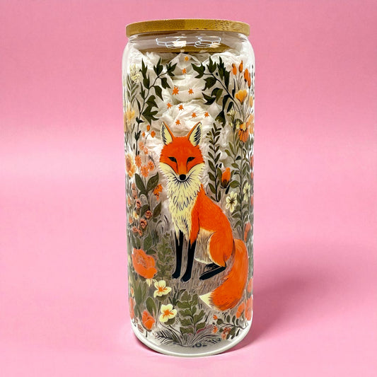 🦊 Fox & Florals 20oz Glass Cup with Bamboo Lid 🌸
