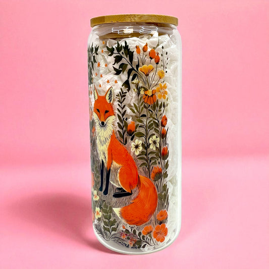 🦊 Fox & Florals 20oz Glass Cup with Bamboo Lid 🌸