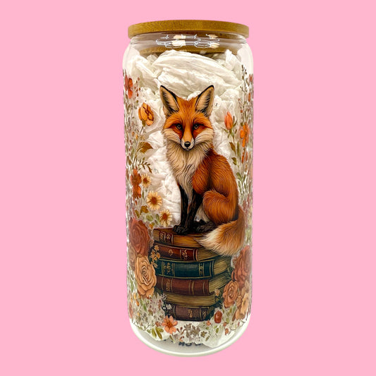 📚🦊 Fox & Books 20oz Glass Cup with Bamboo Lid 🍂