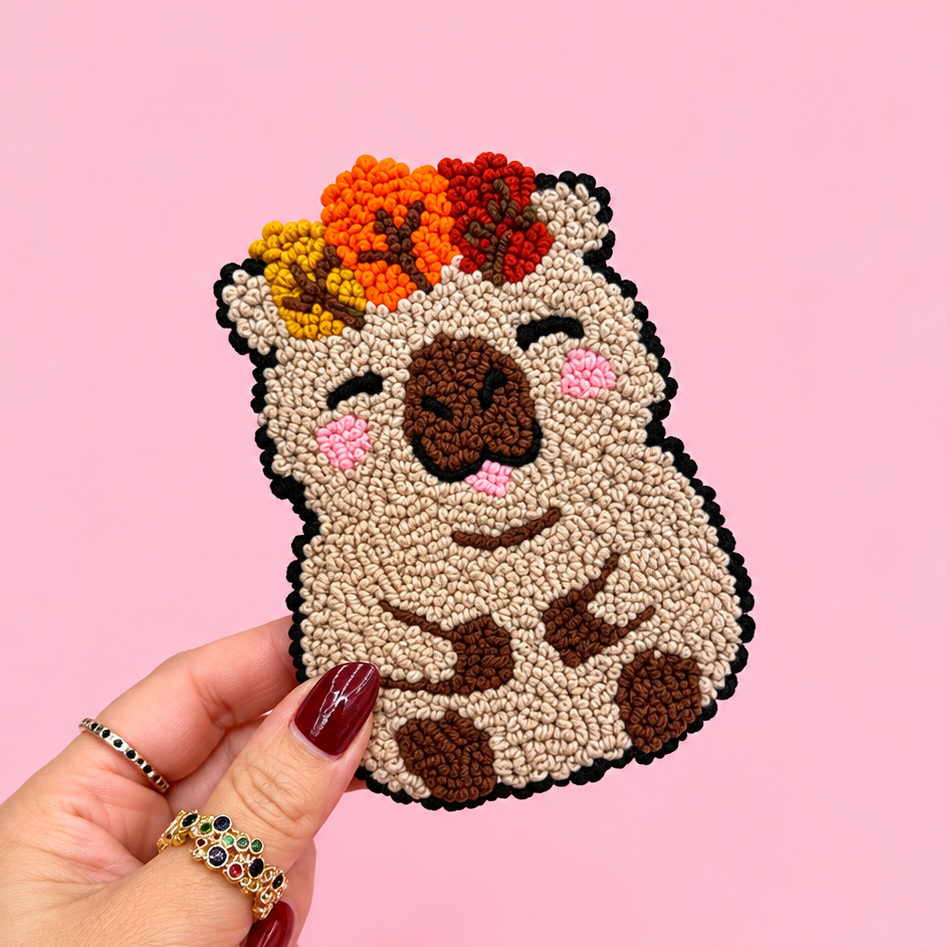 🦔🍂 Handmade Punch Needle Autumn Hedgehog Coaster
