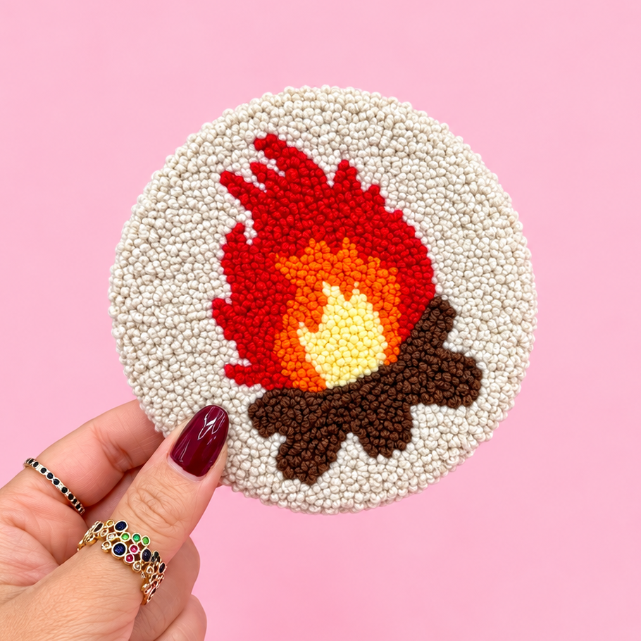 🔥 Handmade Punch Needle Campfire Coaster 🪵✨