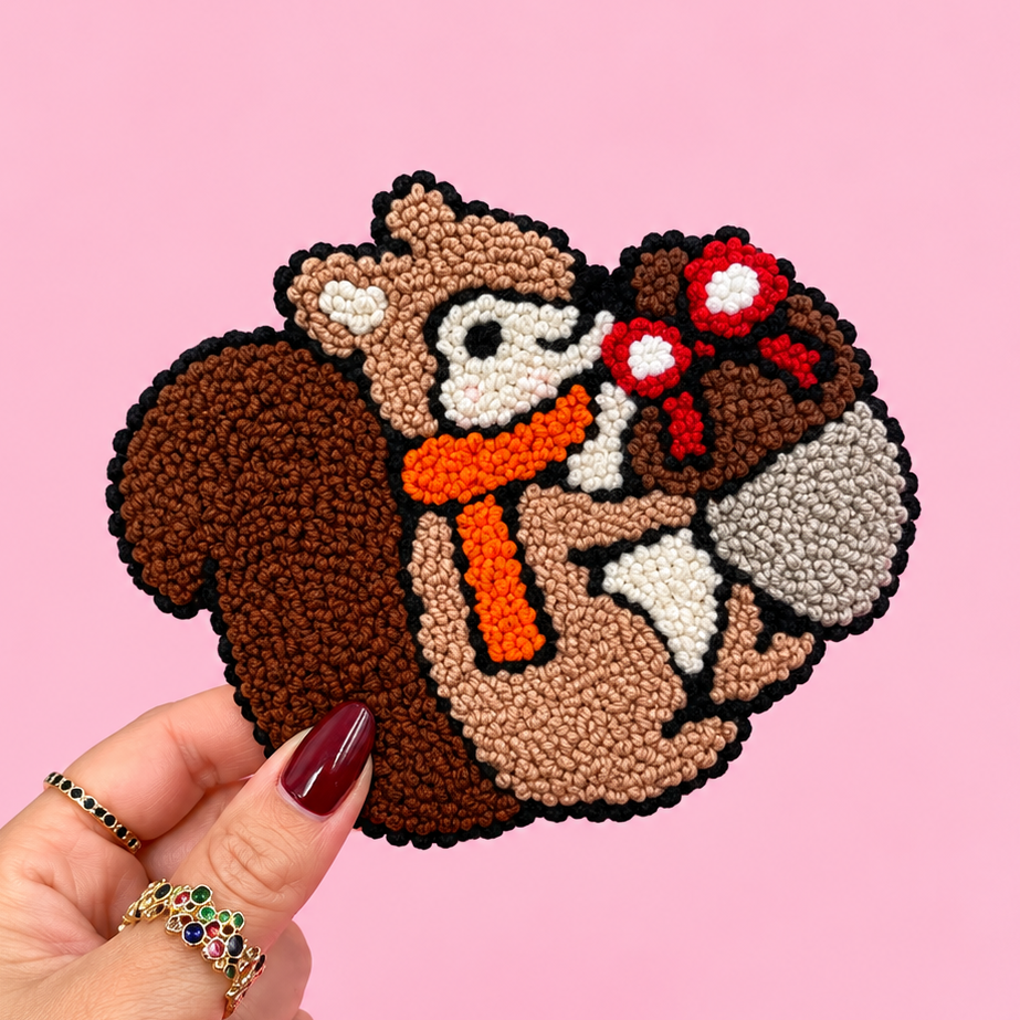 🐿️🍄 Handmade Punch Needle Woodland Squirrel Coaster 🍂