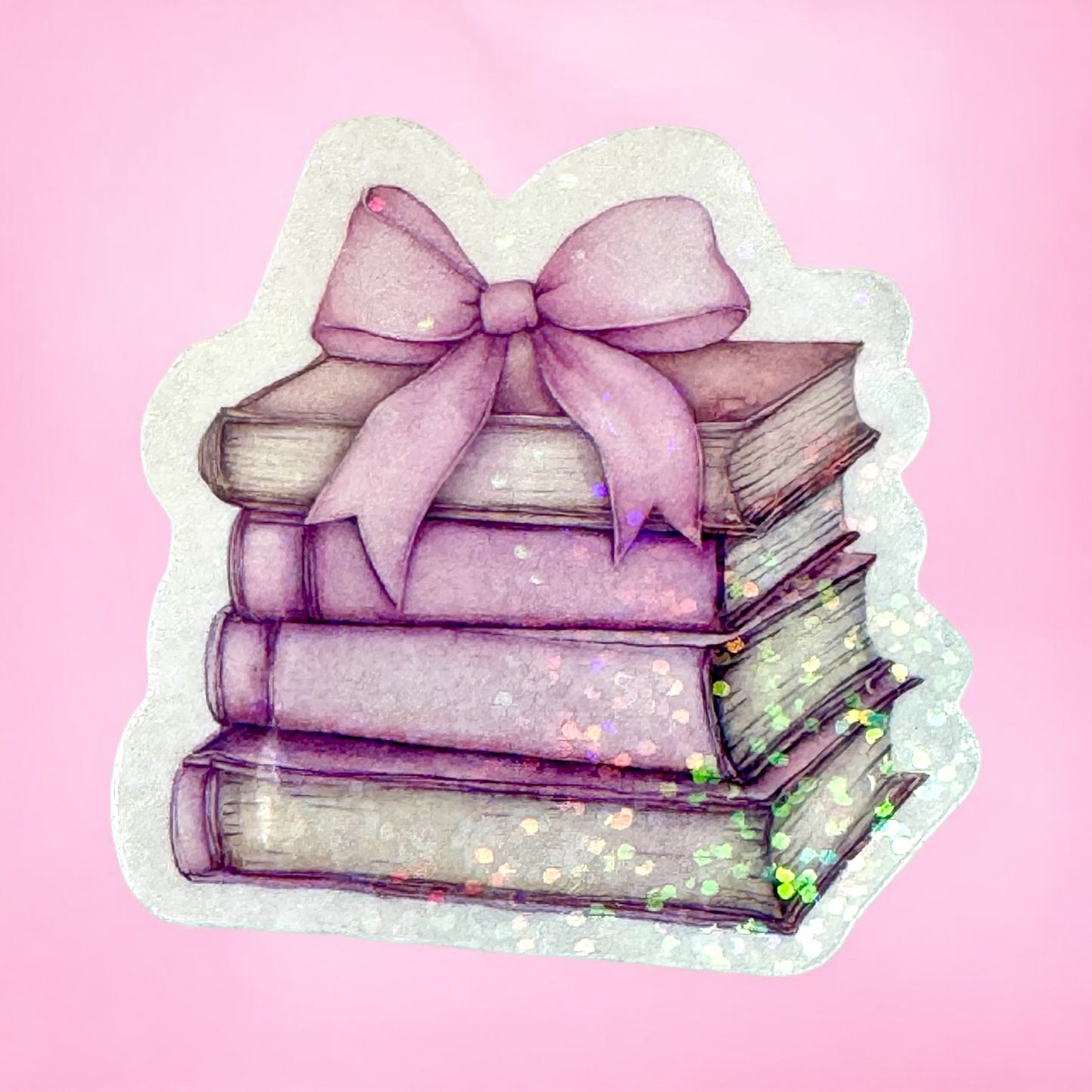 📚✨ Glittering Book Stack with Bow Sticker ✨🎀