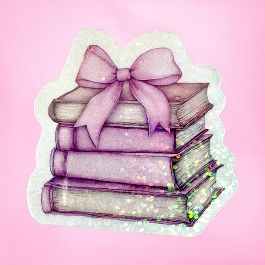 📚✨ Glittering Book Stack with Bow Sticker ✨🎀