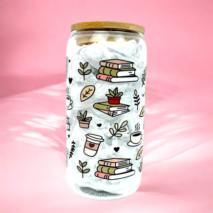 Books and Coffee 16oz (455ml) Iced Coffee Glass Cup