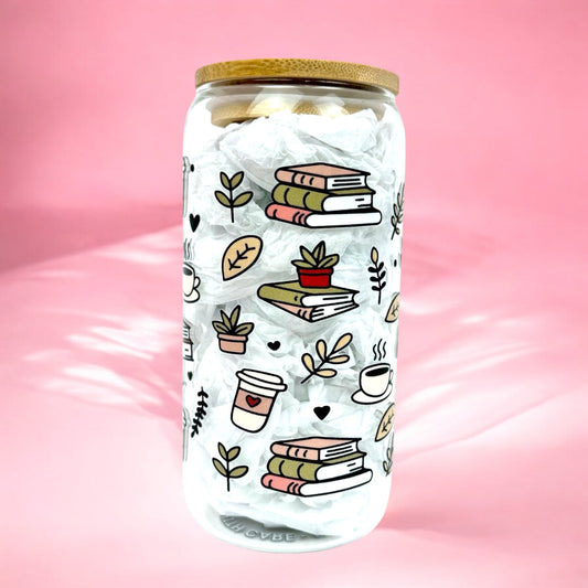 Books and Coffee 16oz (455ml) Iced Coffee Glass Cup