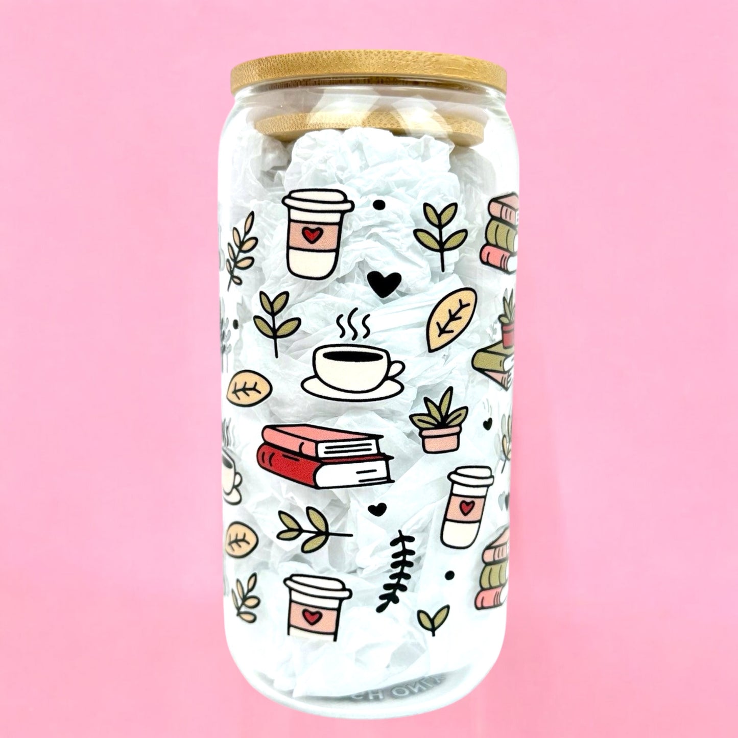 Books and Coffee 16oz (455ml) Iced Coffee Glass Cup