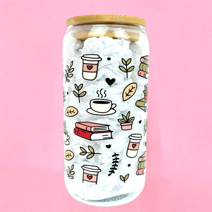 Books and Coffee 16oz (455ml) Iced Coffee Glass Cup