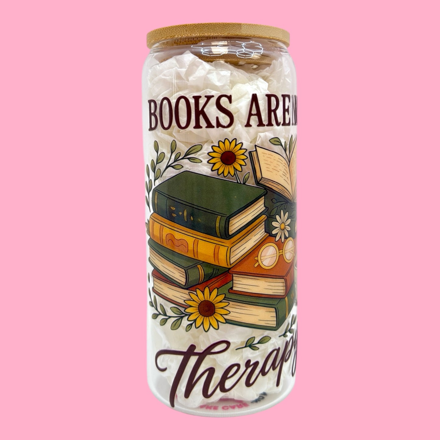 📚🌼 Books Are My Therapy 20oz Glass Cup 🌼📚