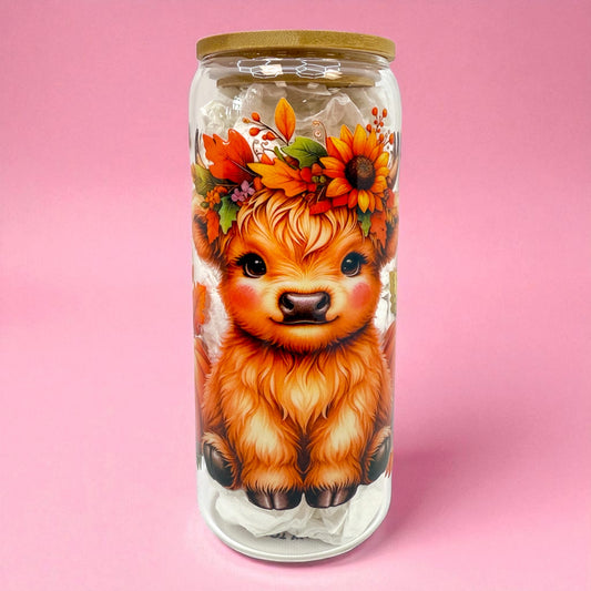 🐮🍂 Highland Cow Fall Glass Cup 20oz 🎃🦋
