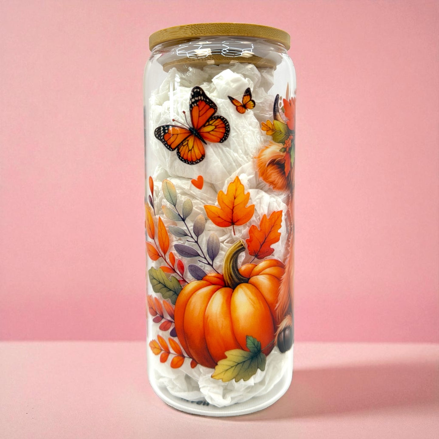 🐮🍂 Highland Cow Fall Glass Cup 20oz 🎃🦋