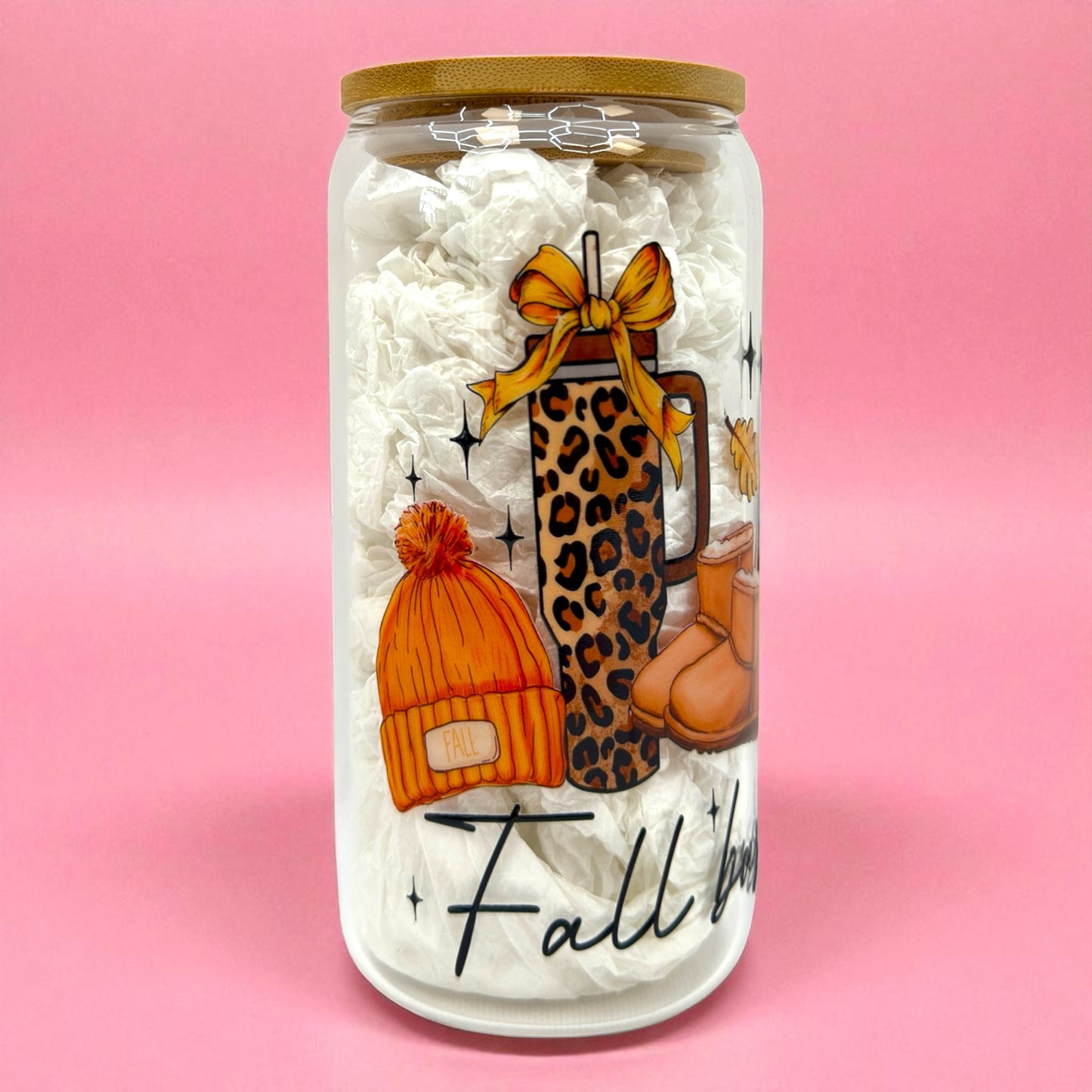 🎀 Cozy Fall Aesthetic Glass Can 16oz 🍂