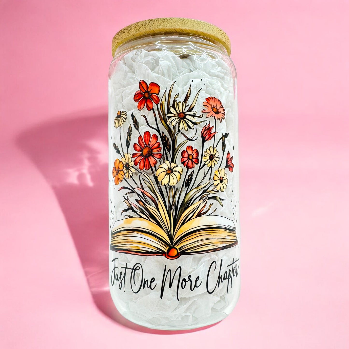🌺✨Just One More Chapter” 16oz Glass Cup with Bamboo Lid📚
