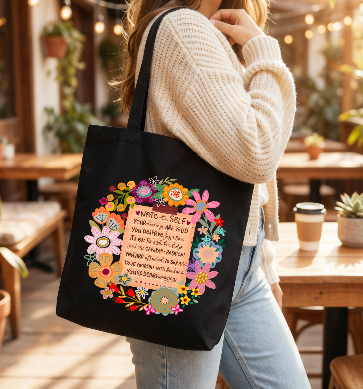 Note to Self Floral Affirmations black Tote Bag 🌸✨👜