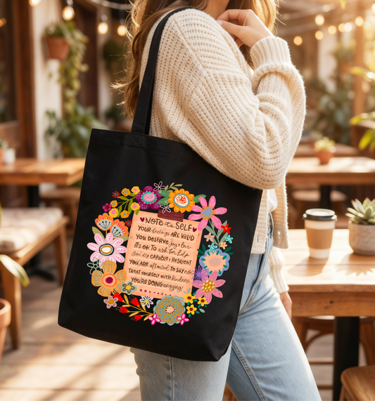Note to Self Floral Affirmations black Tote Bag 🌸✨👜