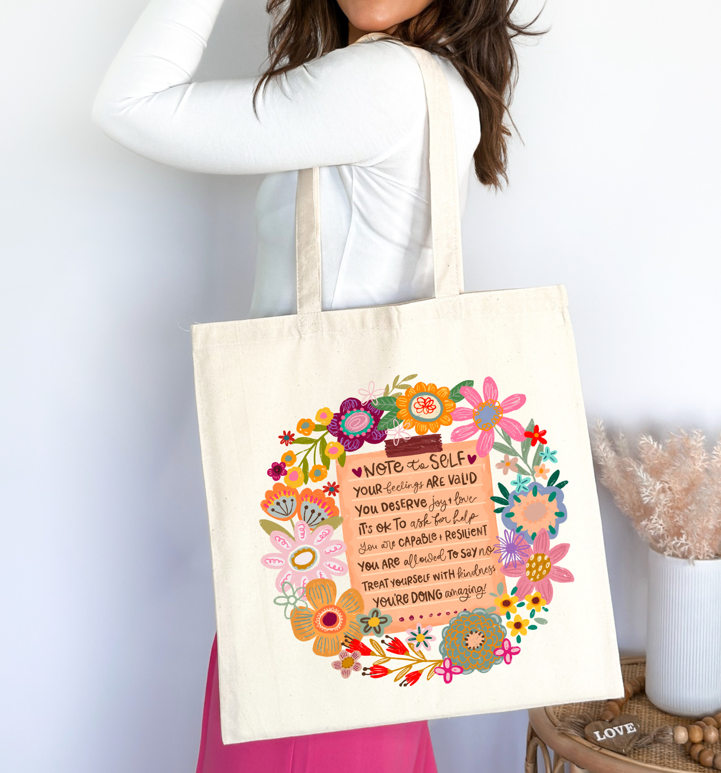 Note to Self Floral Affirmations Tote Bag 🌸✨👜