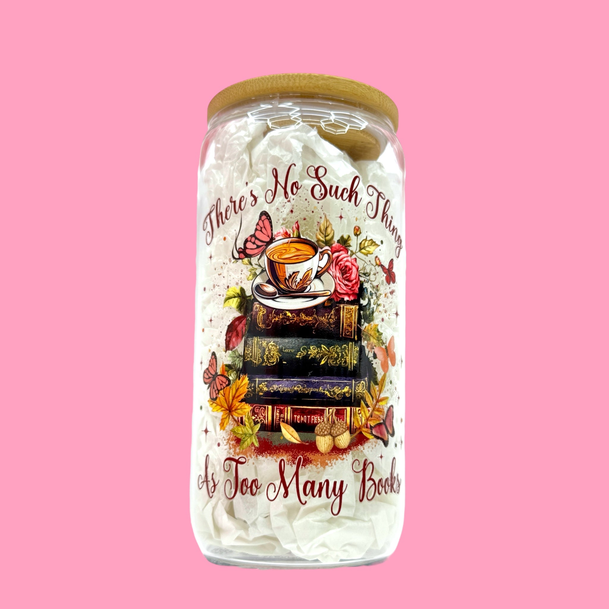 💖✨ “Too Many Books” 16oz Aesthetic Glass Cup ✨📚