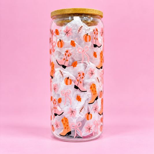 Pink Cowgirl Autumn 20oz Glass Tumbler 🍂🤠
