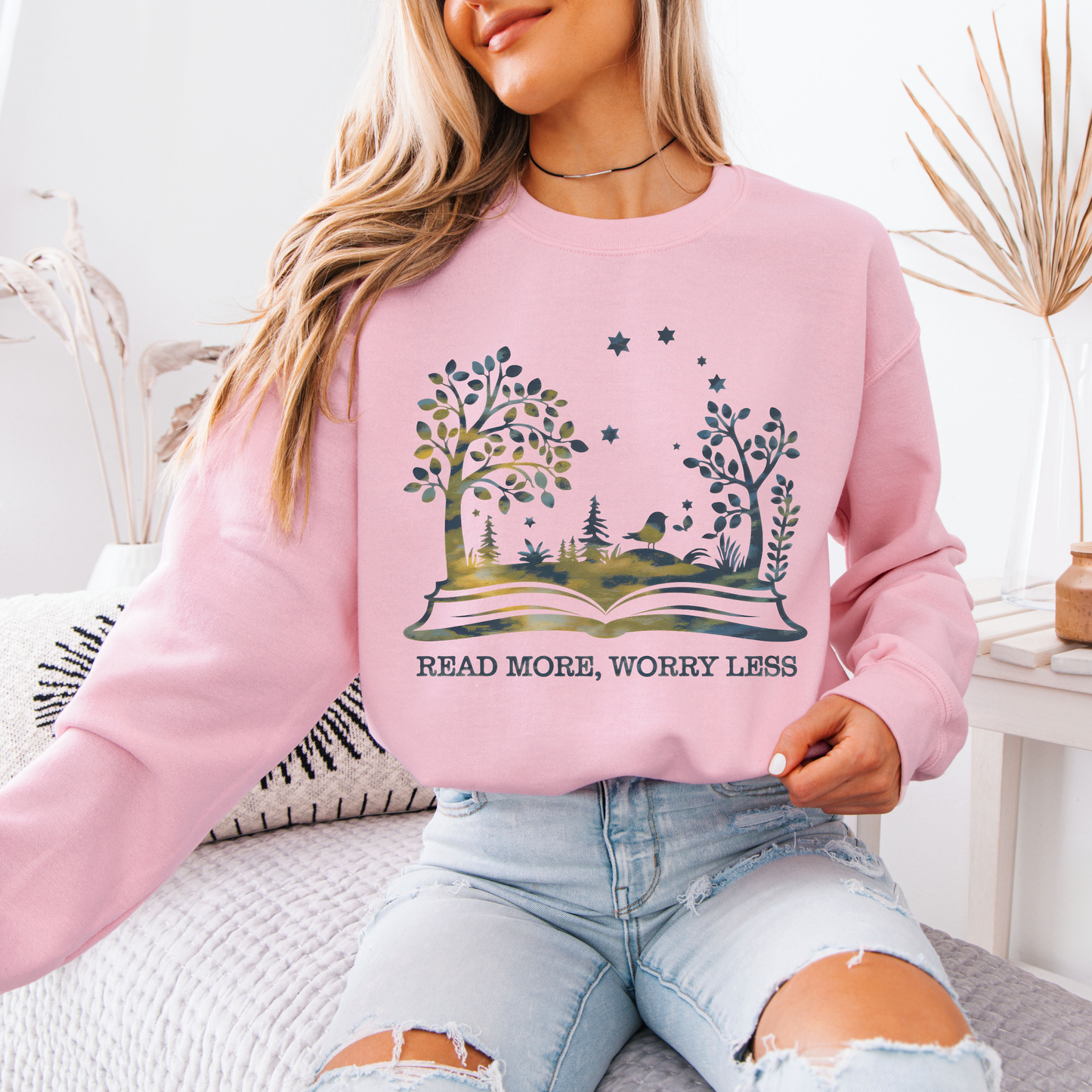 📚🌿 “Read More, Worry Less” Bookish Escape Sweatshirt ✨