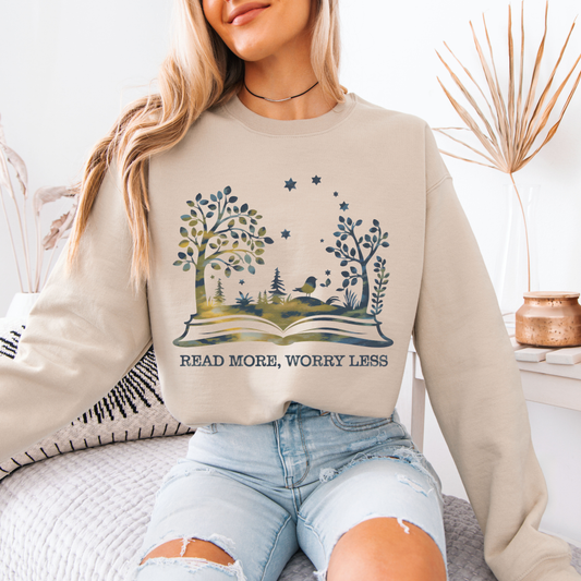 📚🌿 “Read More, Worry Less” Bookish Escape Sweatshirt ✨